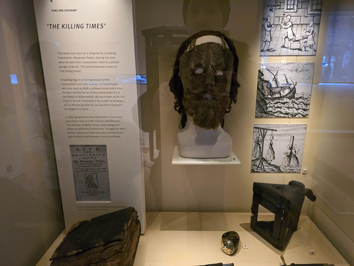 The Killing Times display featuring the disguise mask worn by Covenanter Alexander Peden