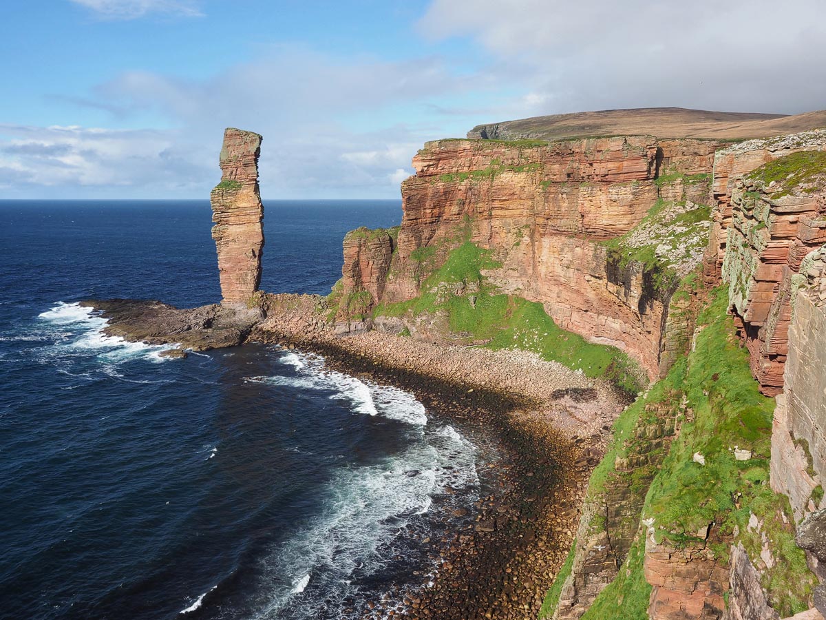 The Old Man of Hoy red sandstone sea stack rising from the ocean off the coast of Hoy