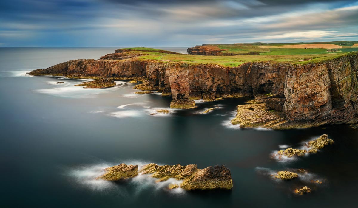 Dramatic sandstone sea cliffs and stack at Yesnaby on the west coast of Orkney Mainland