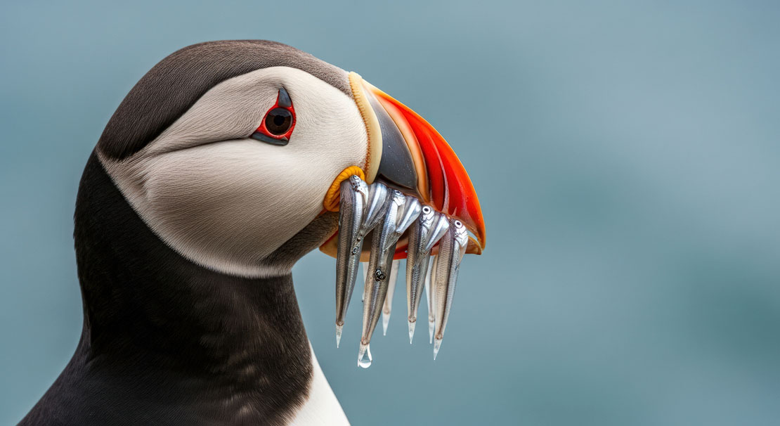 Close-up portrait of an Atlantic puffin with a beak full of silvery sand eels, showing the remarkable detail of its colourful orange, red and blue-grey beak plates and distinctive red-ringed eye against a soft blue ocean background