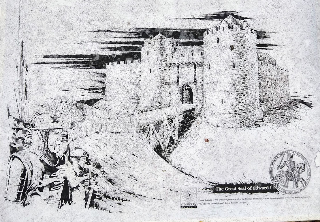 Information board and artists impression of Rothes Castle.