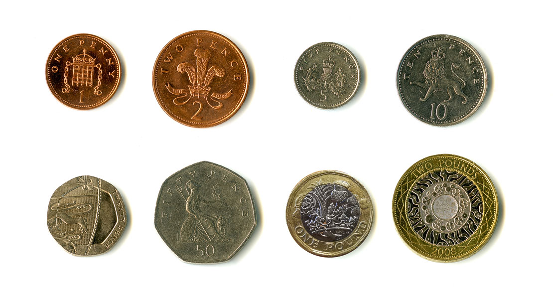 A selection of coins used in Scotland. Exchange office.