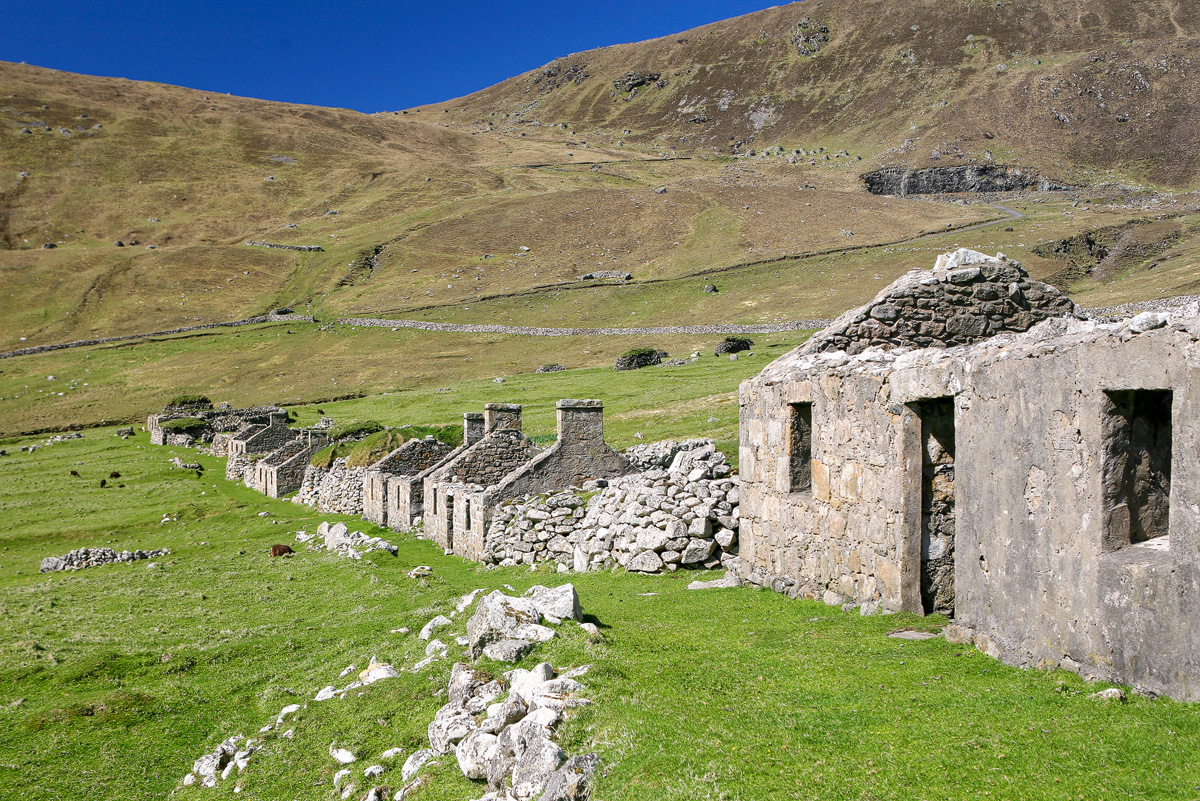 Row of roofless stone cottages along the village street at Village Bay on Hirta, St Kilda