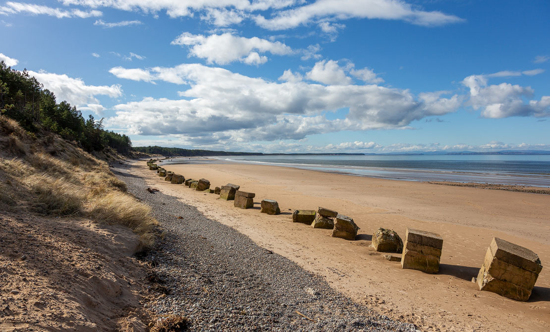 A sweeping Scottish beach with wartime anti-tank blocks along the shore, backed by dunes and pine forest
