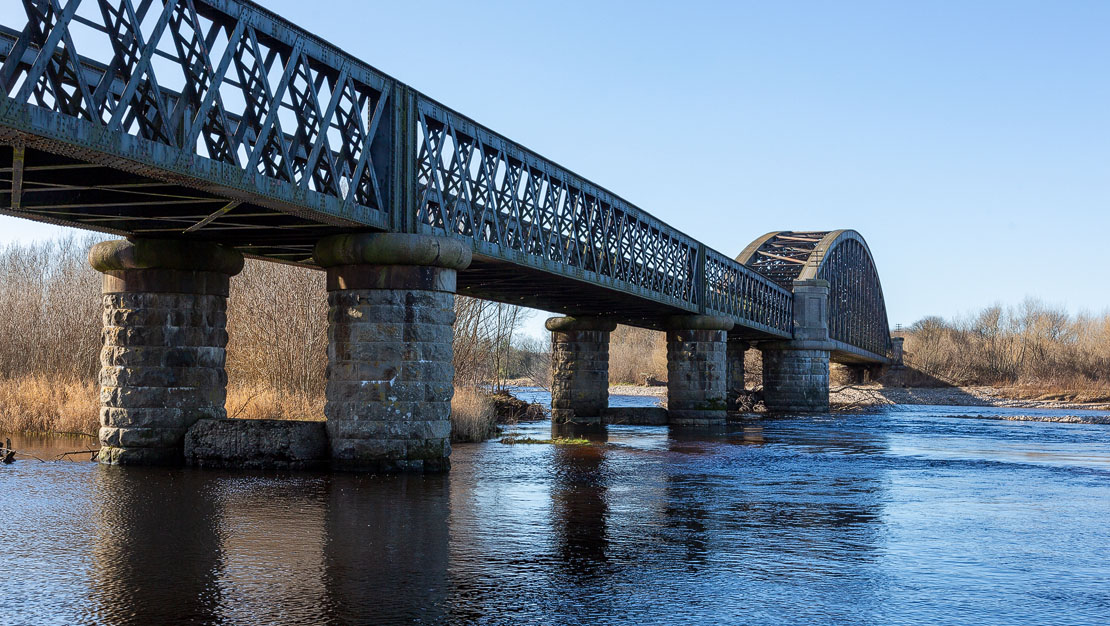 View of Spey Viaduct from the shore of the River Spey.