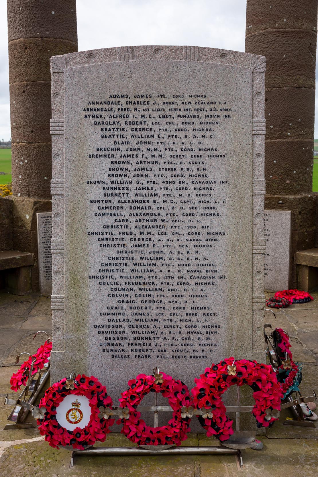 Names on Stonehaven War Memorial. Centrally placed triangular stone.