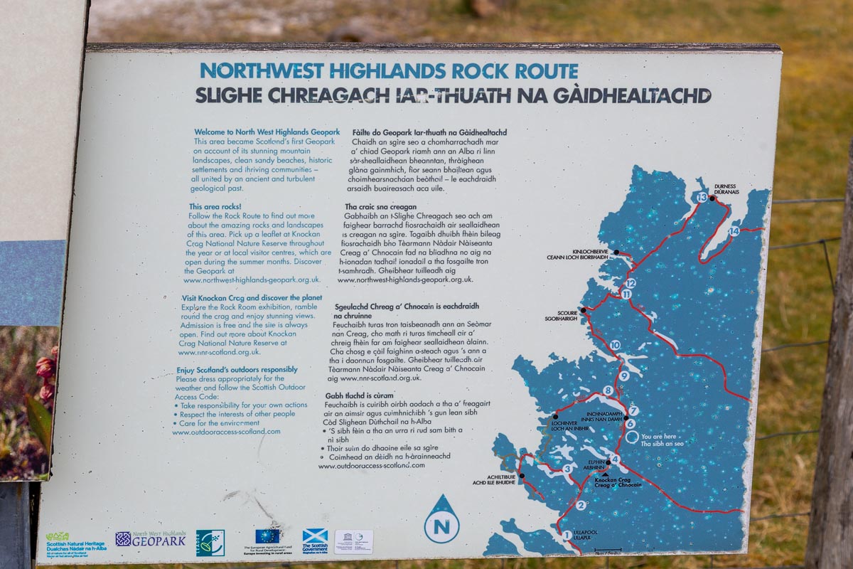 Northwest Highlands Geopark Rock Route information board with a map of the area