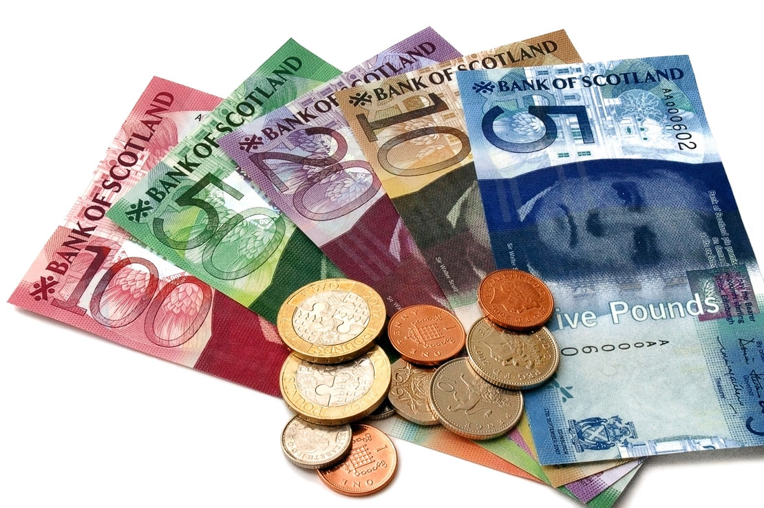 Bank of Scotland banknotes in denominations from five to one hundred pounds with coins