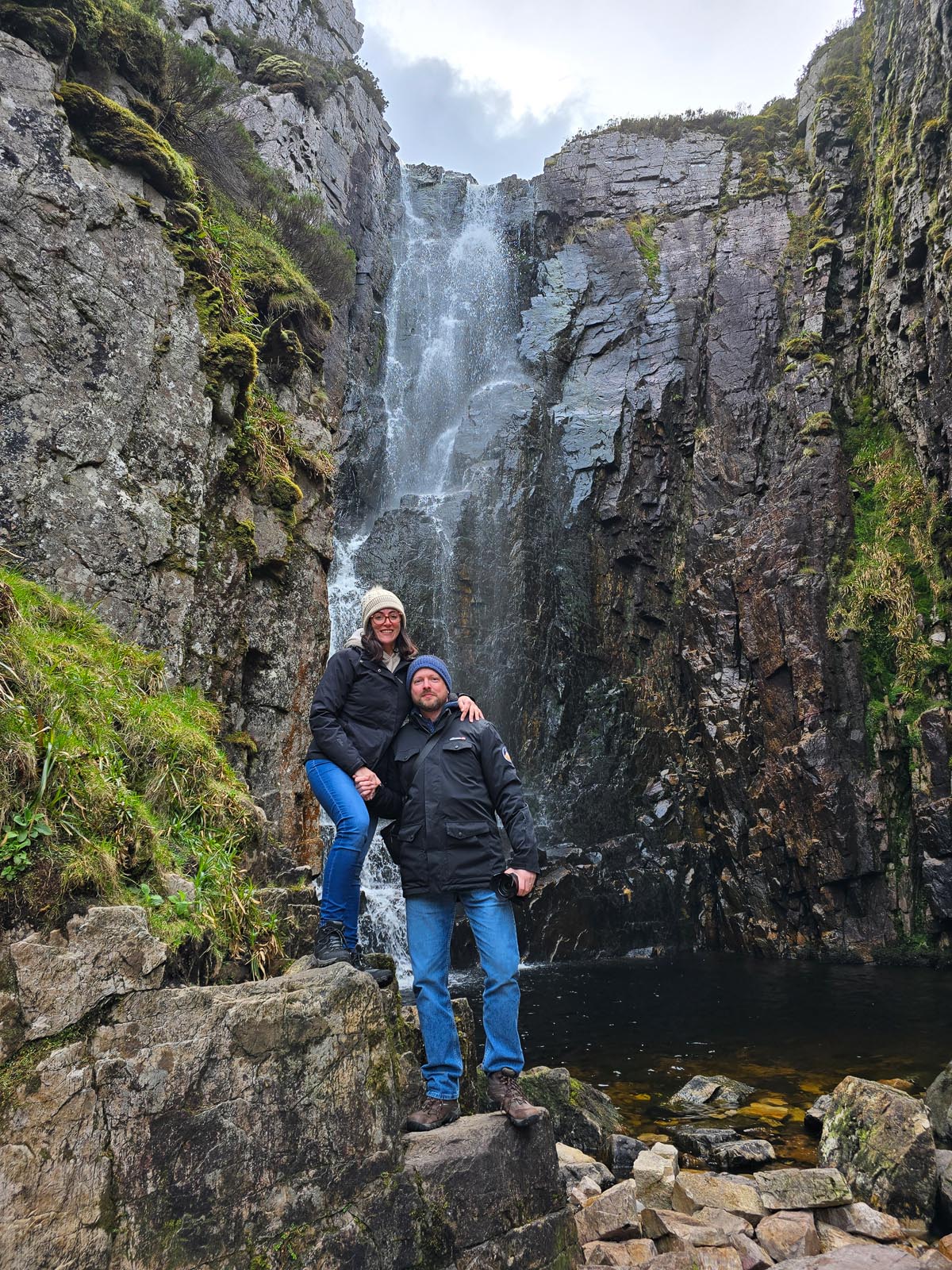 Chris and Janette at the base of Wailing Widow Falls in Assynt